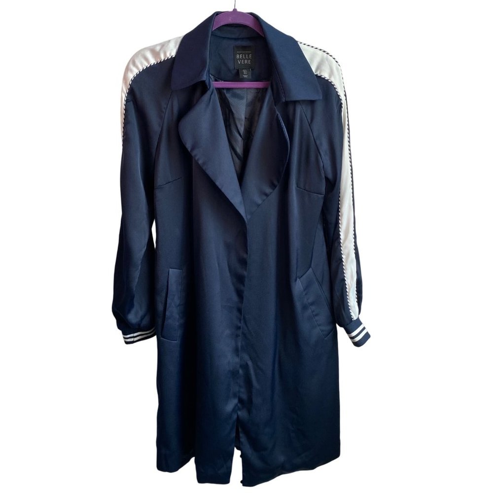 Belle Vere Navy Blue Belted Trench Coat Jacket Unique‎ Sleeves Satin Feel Sz S